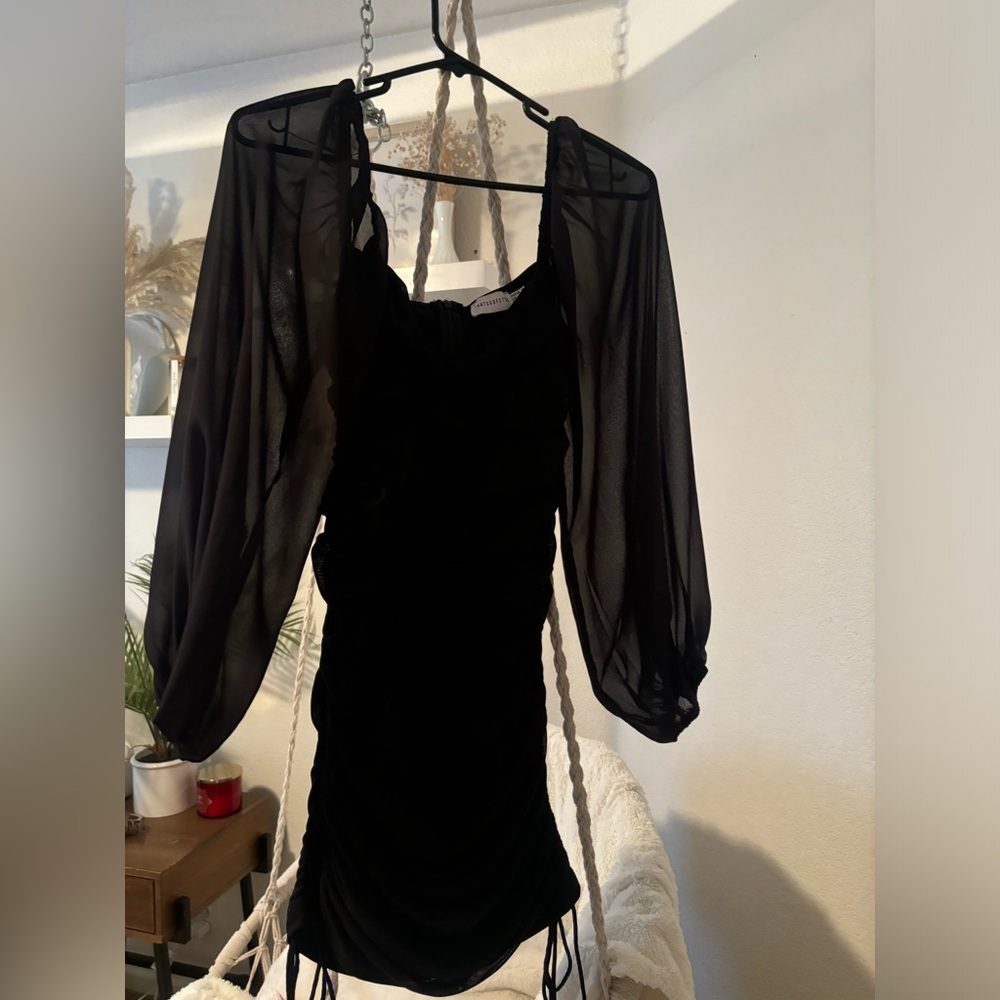 Chic Black Ruched Long Sleeve Dress